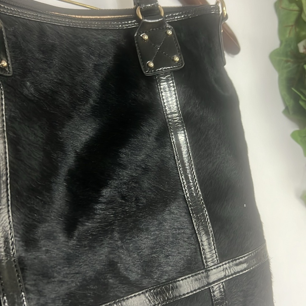 IMAN Faux Fur Glitter Outer Genuine Leather Tote Crossbody tote Bag Black - Picture 5 of 9